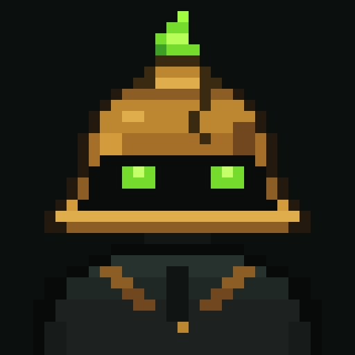 Bellwraith V01: a frontal pixel-art spirit whose head is a cracked antique brass bell. Inside the bell there is only black void, two glowing green eyes, and a small spectral flame rising from the crown.